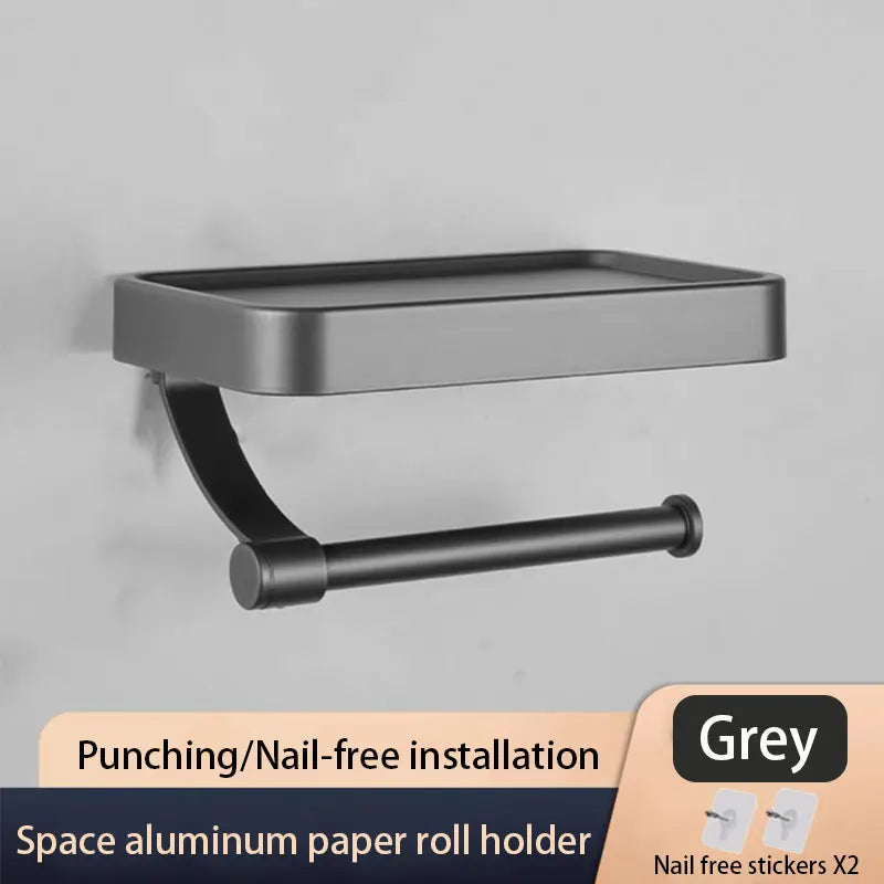No-Drill Grey Toilet Paper Holder with iPhone Storage Shelf – Wall-Mounted Aluminum Bathroom Organizer Loo Roll Dispenser