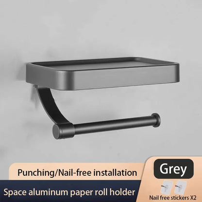 No-Drill Grey Toilet Paper Holder with iPhone Storage Shelf – Wall-Mounted Aluminum Bathroom Organizer Loo Roll Dispenser