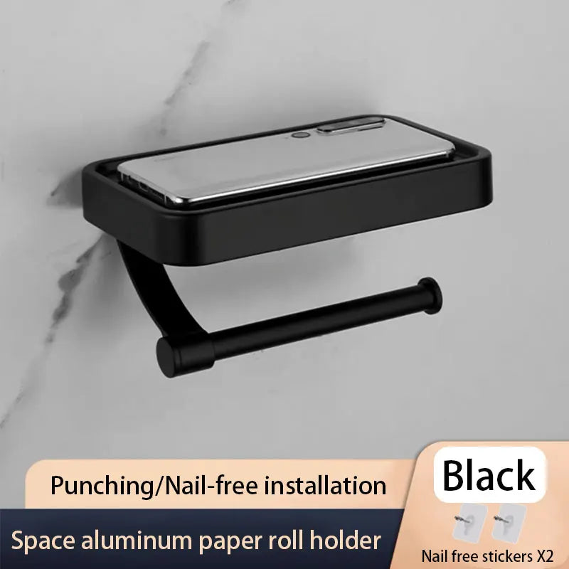 No-Drill Grey Toilet Paper Holder with iPhone Storage Shelf – Wall-Mounted Aluminum Bathroom Organizer Loo Roll Dispenser