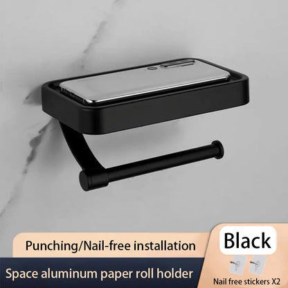 No-Drill Grey Toilet Paper Holder with iPhone Storage Shelf – Wall-Mounted Aluminum Bathroom Organizer Loo Roll Dispenser