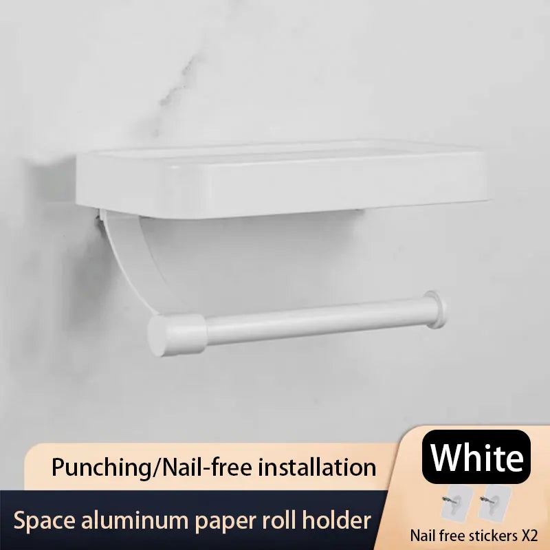 No-Drill Grey Toilet Paper Holder with iPhone Storage Shelf – Wall-Mounted Aluminum Bathroom Organizer Loo Roll Dispenser