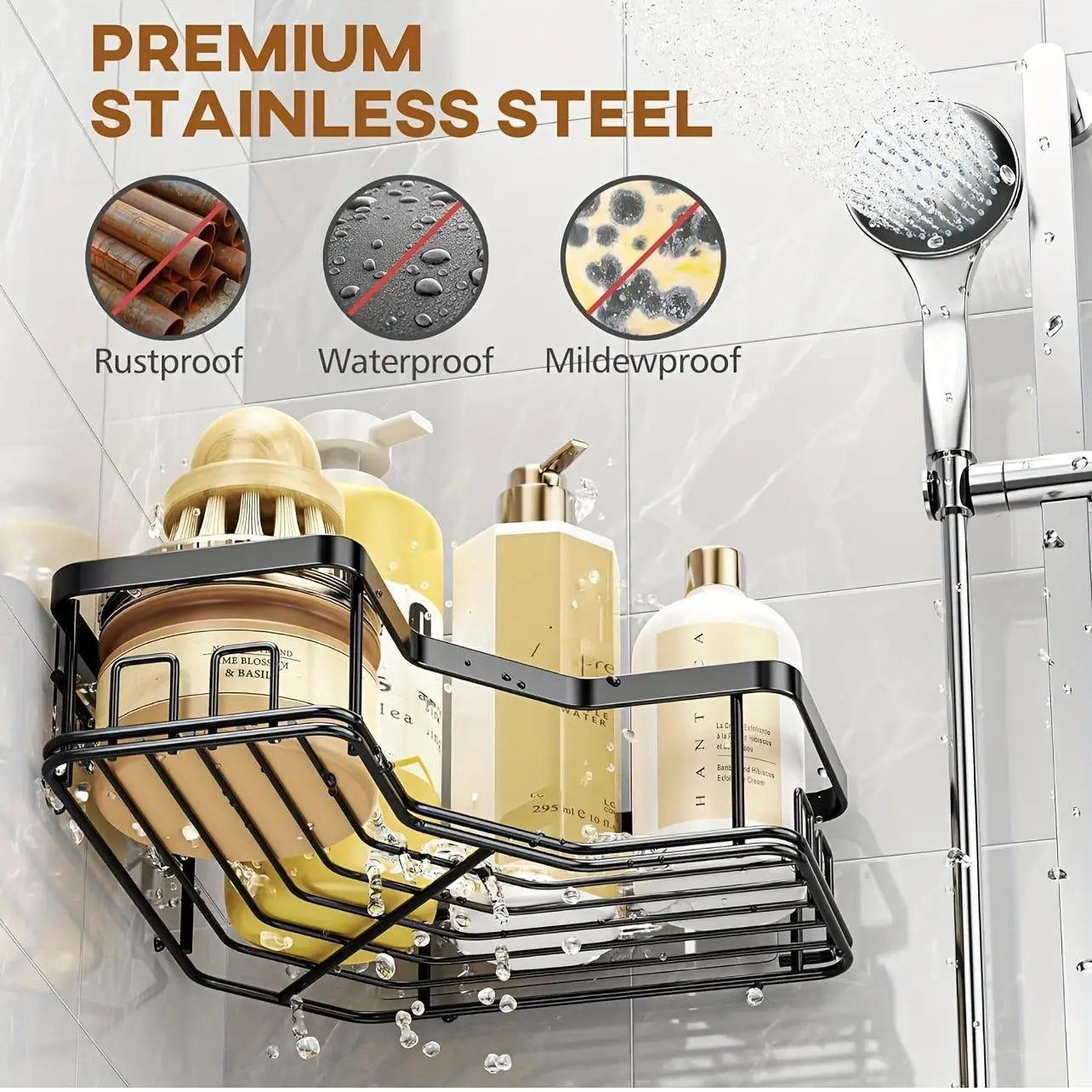 No-Drill Shower Organizer Shelving Sets of 3/5  – Sleek Stainless Steel Caddies for Bathroom Cosmetics Shower Accessories