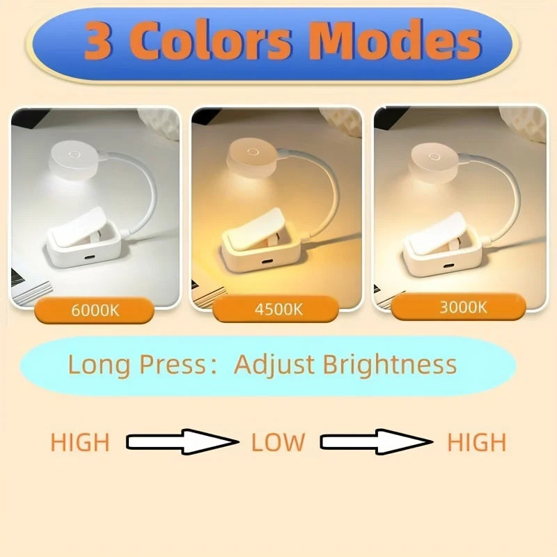 Portable Folding LED Clip‑On Book Lamp – USB Rechargeable, Stepless Dimmable, Eye‑Protection Reading Light for Bedside, Travel & Study