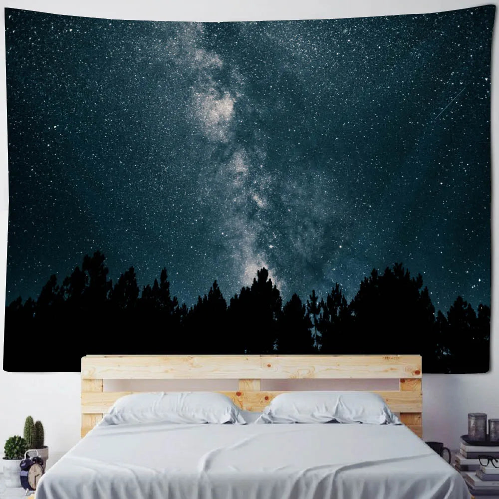 Starry Night Sky Wilderness Forest Backdrop Tapestry Wall Decoration Inspirational Mountain Forest Landscape Hanging Tapestry Creative Artistic Home Decor