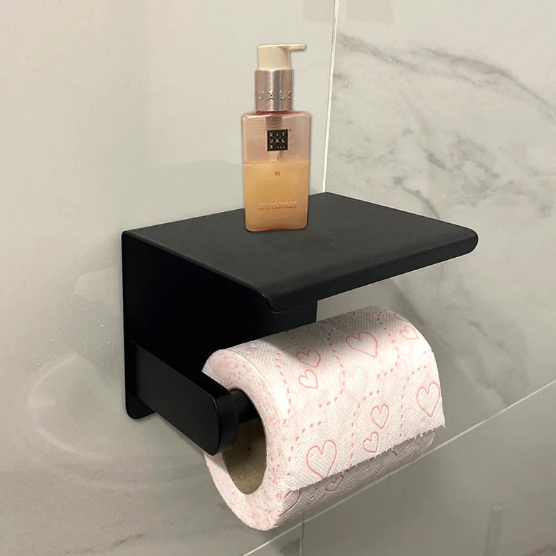 Stylish Gunmetal Aluminum Toilet Roll Holder With Integrated Shelf For iPhone Wall Mounted WC Phone Holder Shelf Towel Roll Shelf Modern Bathroom Accessories