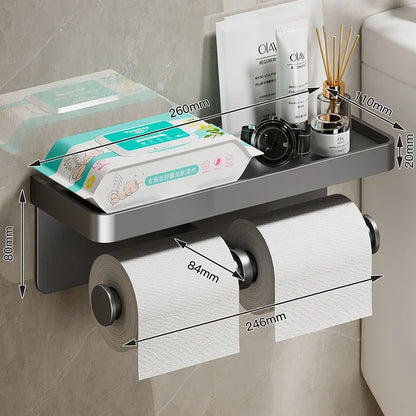 Multifunctional Black Gold Toilet Paper Holder – Wall Mount Shelf with Phone Stand & Towel Roll Storage