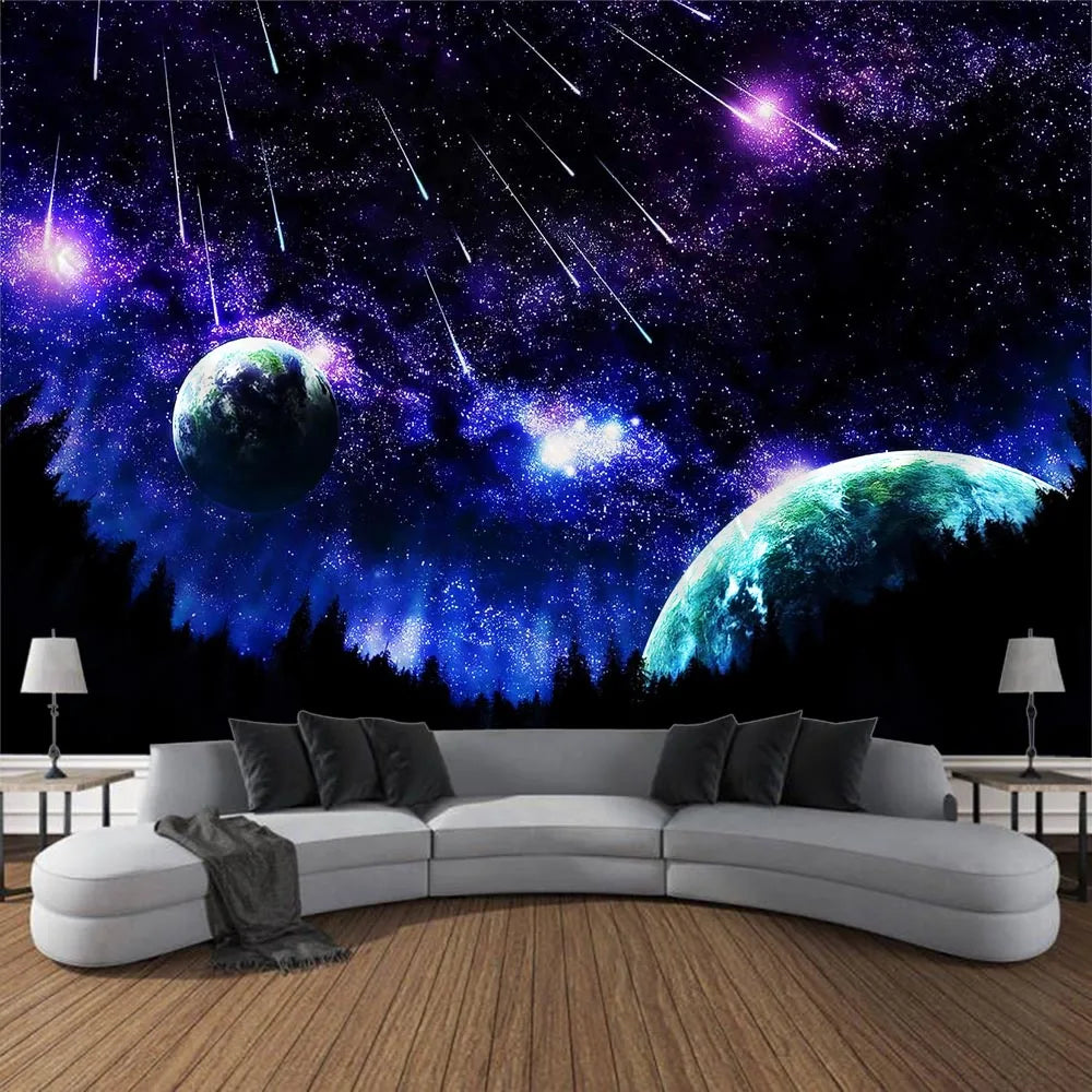 Starry Night Sky Wilderness Forest Backdrop Tapestry Wall Decoration Inspirational Mountain Forest Landscape Hanging Tapestry Creative Artistic Home Decor