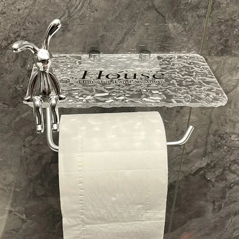 Luxury Golden Loo Roll Holder Gold Space Aluminum With Acrylic Shelf For Holding Pots & Cosmetics etc No Drilling Required