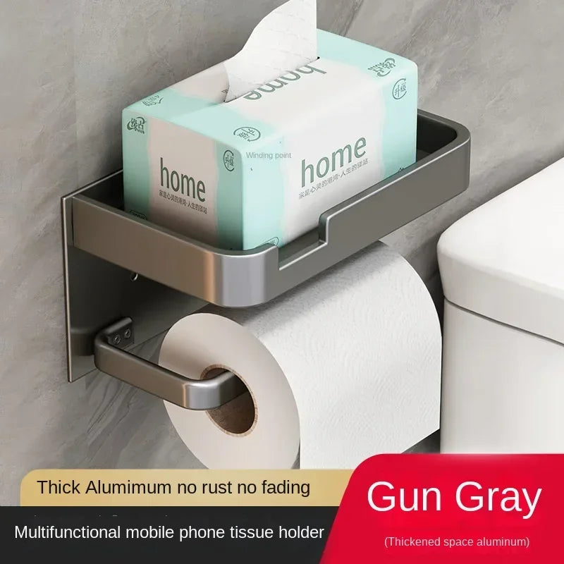 Multifunctional Black Gold Toilet Paper Holder – Wall Mount Shelf with Phone Stand & Towel Roll Storage
