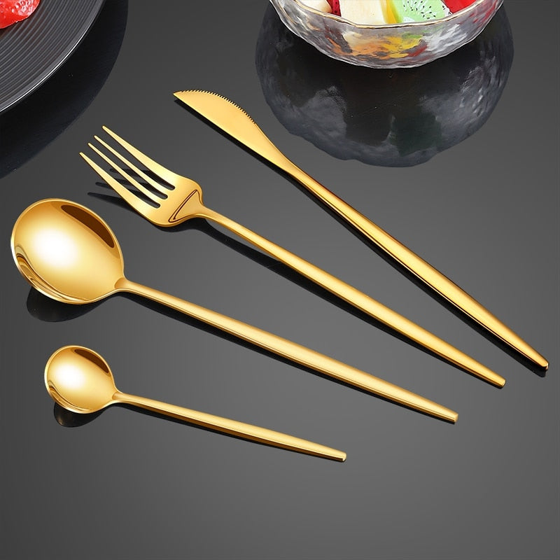 Light Luxury 24pcs Gold Dinnerware Set Stainless Steel Flatware For Modern Dining Room Dishwasher Safe Kitchen Tableware