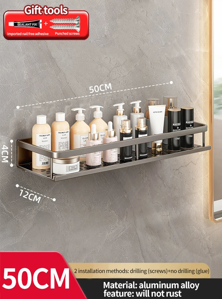 Modern Space Aluminum Bathroom Shelf 50cm Shower Racking For Cosmetics Bathroom Accessories Shelving 40cm 30cm No Drilling Required