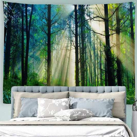 Misty Morning Forest Tapestry Landscape Wall Decoration Inspirational Home Decor for Living Room Bedroom Dorm Nature Green Fresh Woodland