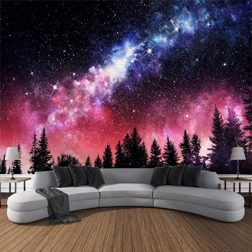 Starry Night Sky Wilderness Forest Backdrop Tapestry Wall Decoration Inspirational Mountain Forest Landscape Hanging Tapestry Creative Artistic Home Decor