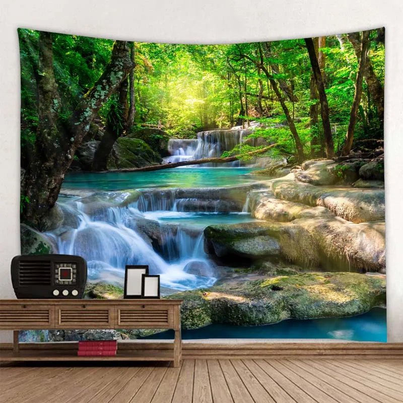 Exotic Natural Landscape Tapestry: Inspiring Waterfall Landscape and Forest Print - Bohemian Mandala Wall Decor with Calming Seascape Imagery