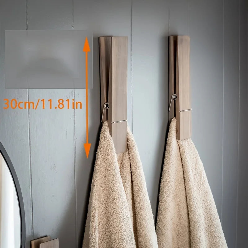 Large Wooden Towel Peg – Wall-Mounted Towel Clip Holder for Bathroom & Laundry Room Storage