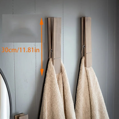 Large Wooden Towel Peg – Wall-Mounted Towel Clip Holder for Bathroom & Laundry Room Storage