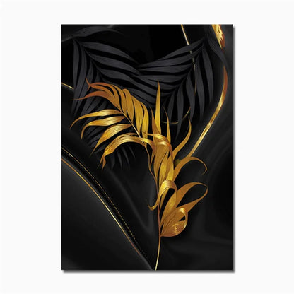 Modern Abstract Gold Green Black Leaf 3-Piece Canvas Painting: A Luxurious Tropical Accent
