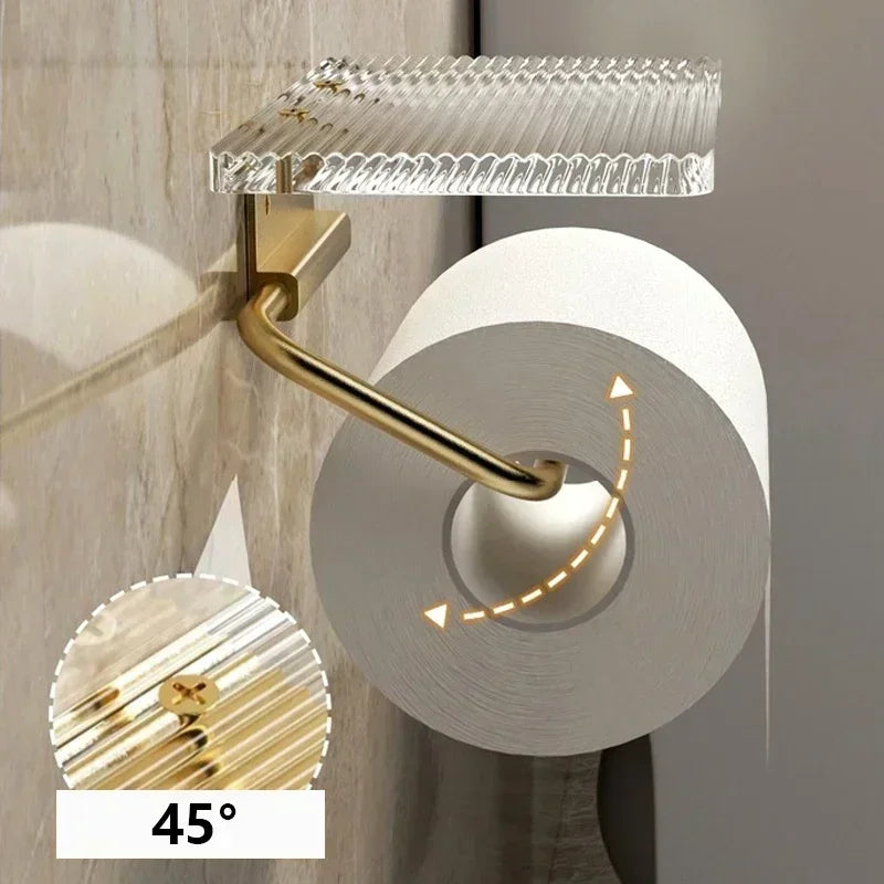 Luxury Golden Loo Roll Holder Gold Space Aluminum With Acrylic Shelf For Holding Pots & Cosmetics etc No Drilling Required