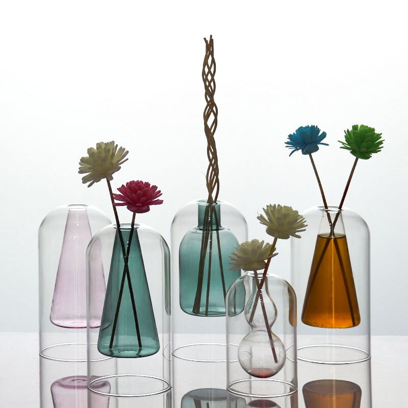 Modern Colorful Abstract Handcrafted Double-Layer Glass Vase for Hydroponic Plants and Flowers