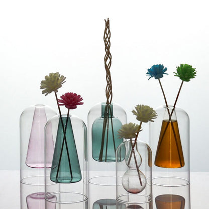 Modern Colorful Abstract Handcrafted Double-Layer Glass Vase for Hydroponic Plants and Flowers