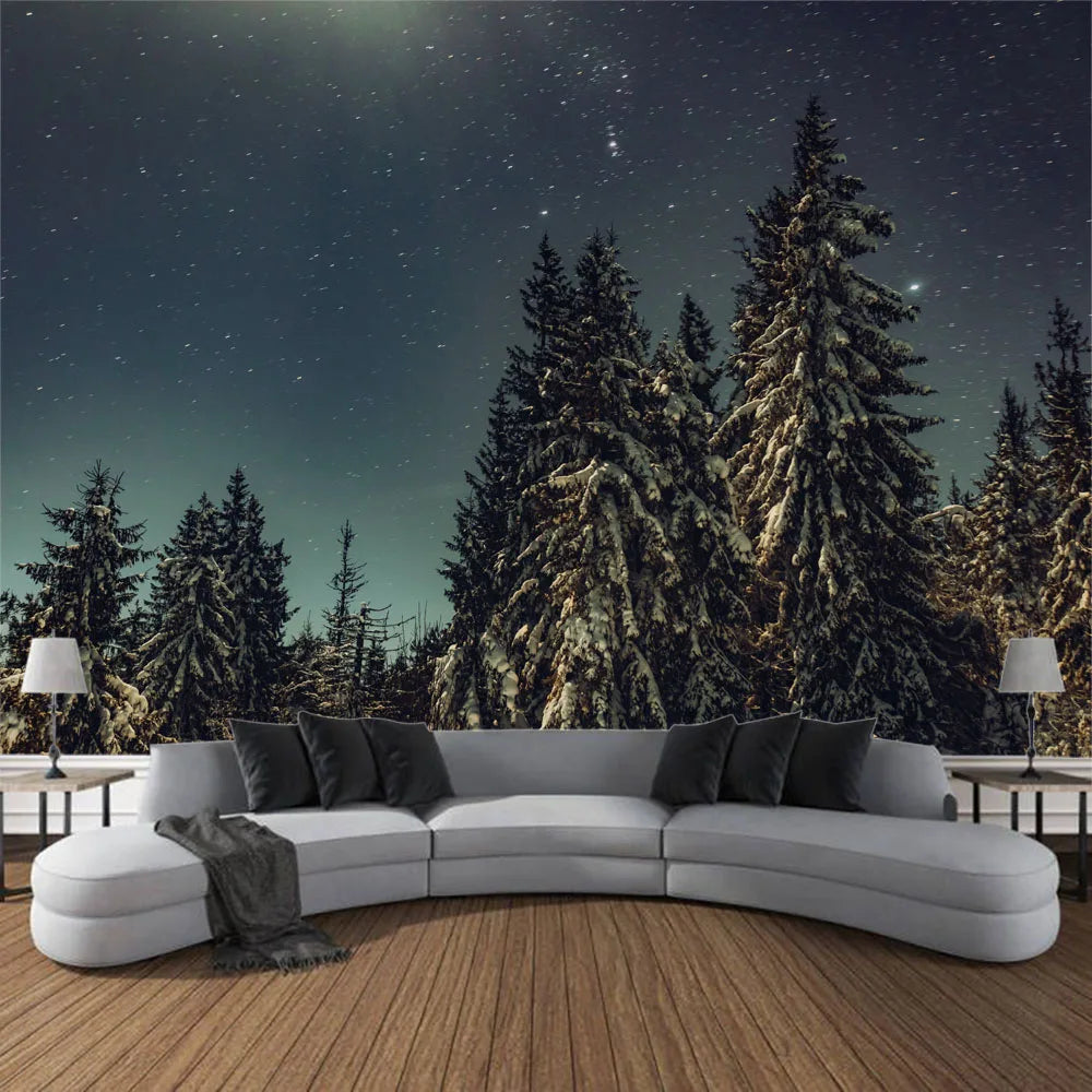 Starry Night Sky Wilderness Forest Backdrop Tapestry Wall Decoration Inspirational Mountain Forest Landscape Hanging Tapestry Creative Artistic Home Decor