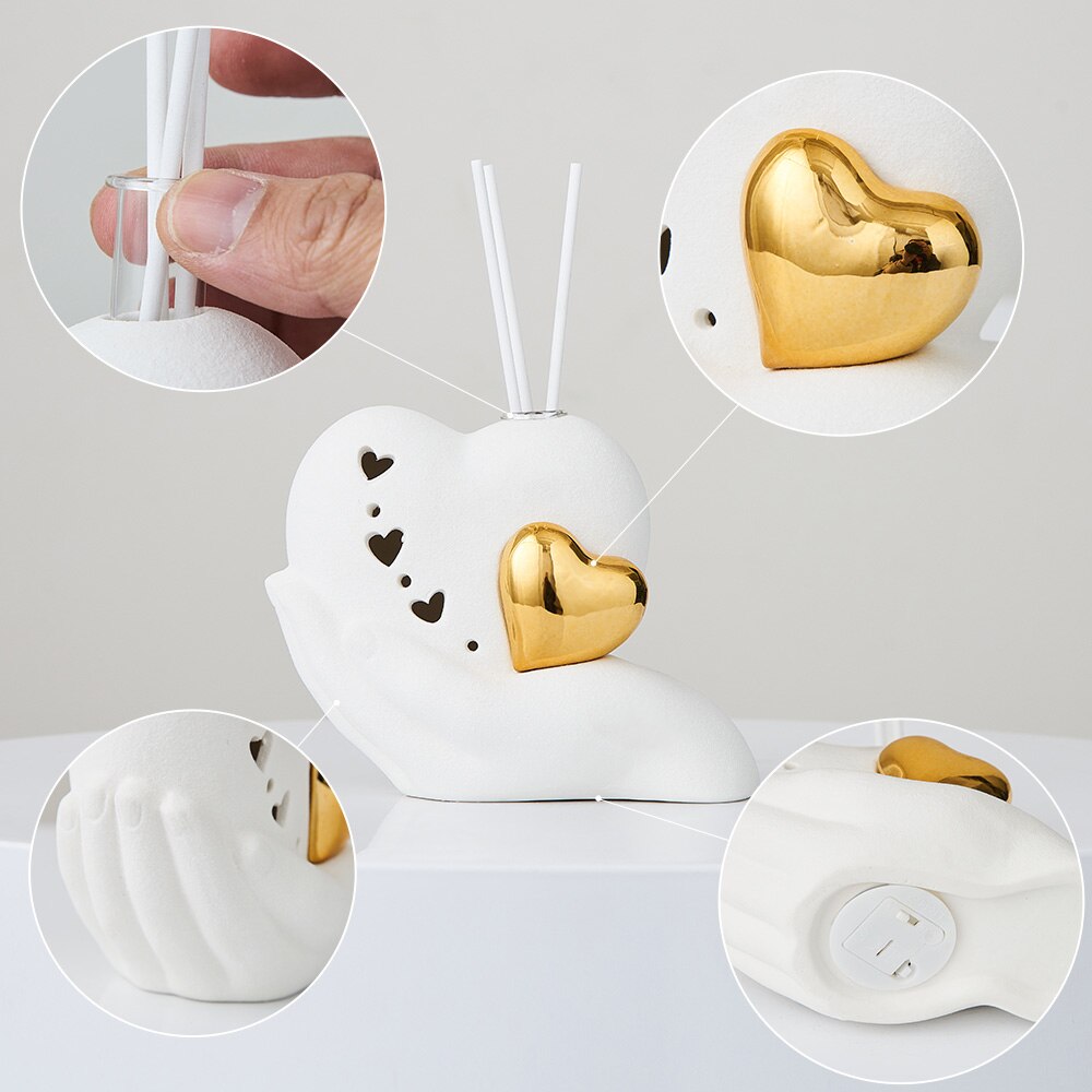 Creative Ceramics Gold Aromatherapy Love Heart Light Ornament For Living Room Coffee Table Mantelpiece Bedroom Dresser Home Decor
