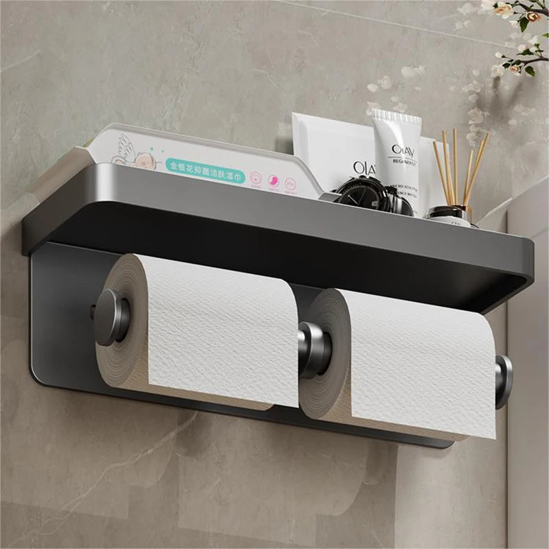 Stylish Gunmetal Aluminum Toilet Roll Holder With Integrated Shelf For iPhone Wall Mounted WC Phone Holder Shelf Towel Roll Shelf Modern Bathroom Accessories