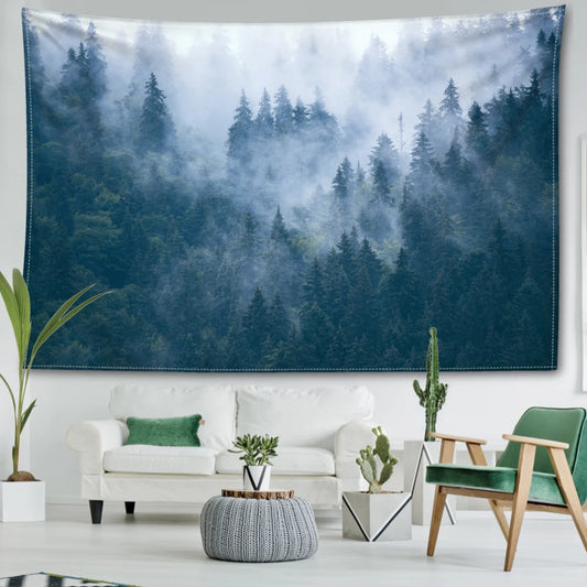 Nordic Style Misty Forest Tapestry Natural Art Landscape Wall Hanging Decoration Inspirational Calming Home Decor for Living Room Bedroom