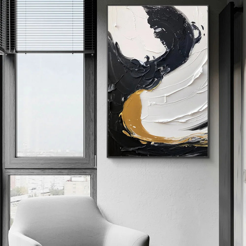 Modern Minimalist Black and White Thick Brush Design Canvas Painting: Abstract Elegance for Your Space