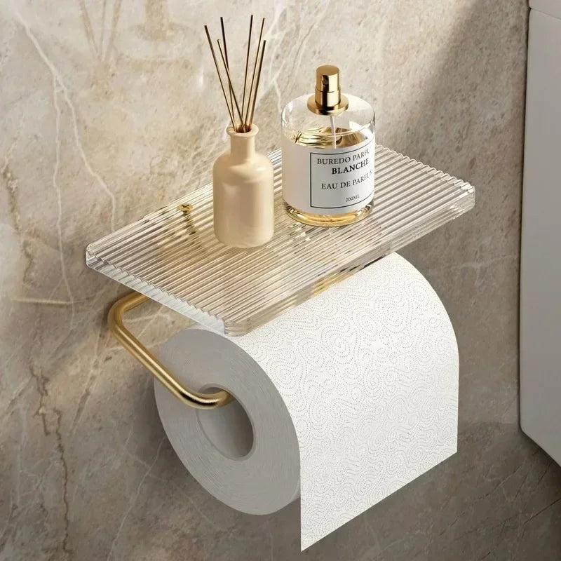 Luxury Golden Loo Roll Holder Gold Space Aluminum With Acrylic Shelf For Holding Pots & Cosmetics etc No Drilling Required