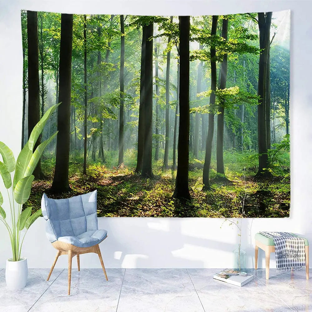 Misty Morning Forest Tapestry Landscape Wall Decoration Inspirational Home Decor for Living Room Bedroom Dorm Nature Green Fresh Woodland