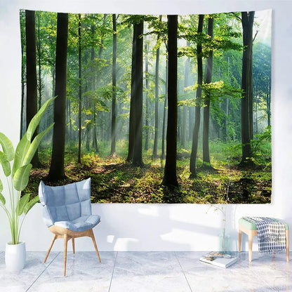 Misty Morning Forest Tapestry Landscape Wall Decoration Inspirational Home Decor for Living Room Bedroom Dorm Nature Green Fresh Woodland