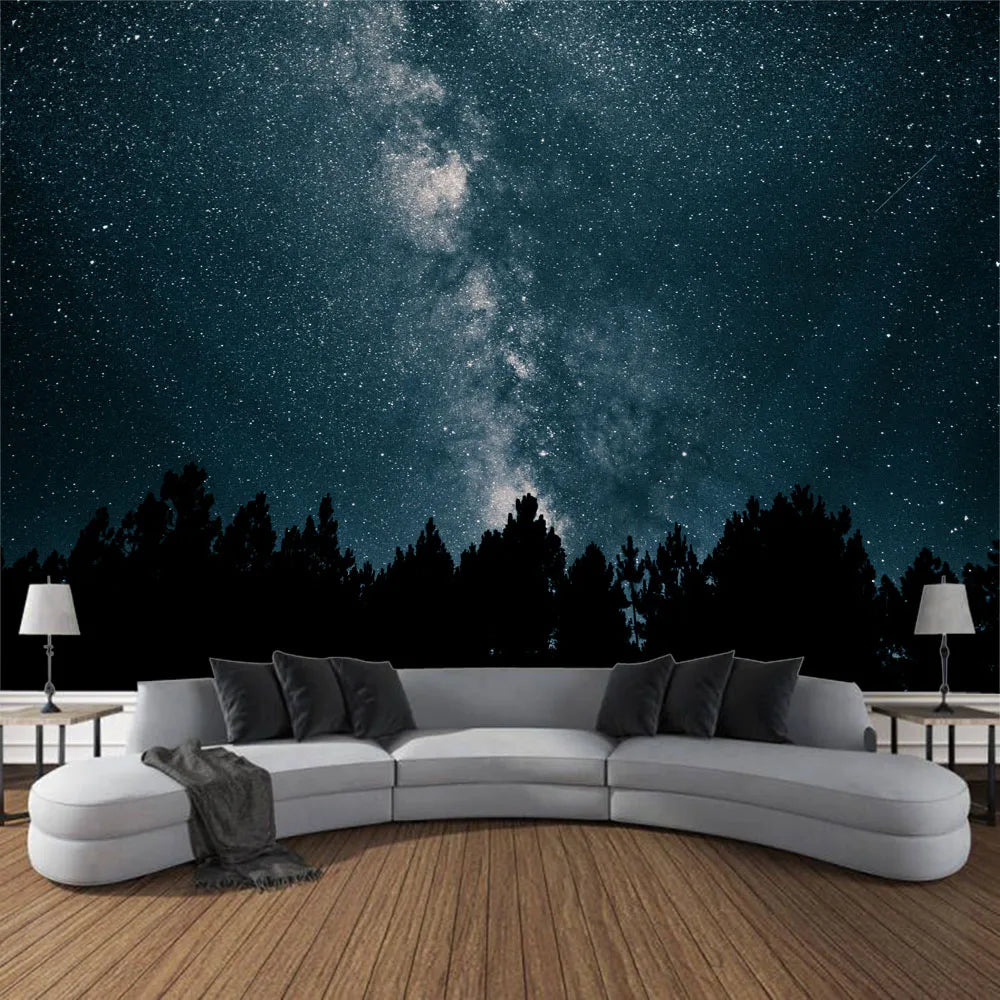 Starry Night Sky Wilderness Forest Backdrop Tapestry Wall Decoration Inspirational Mountain Forest Landscape Hanging Tapestry Creative Artistic Home Decor