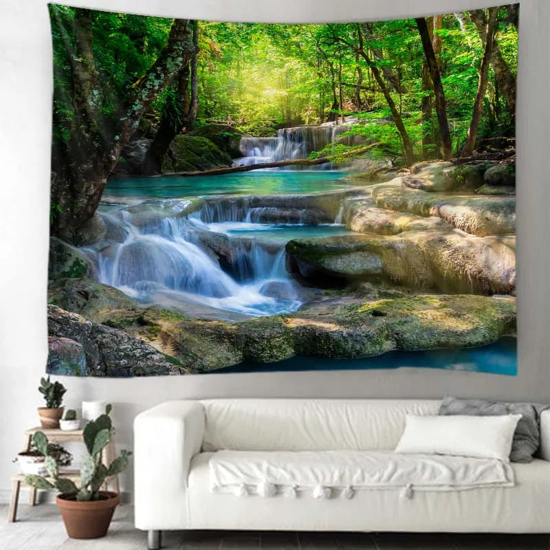 Exotic Natural Landscape Tapestry: Inspiring Waterfall Landscape and Forest Print - Bohemian Mandala Wall Decor with Calming Seascape Imagery