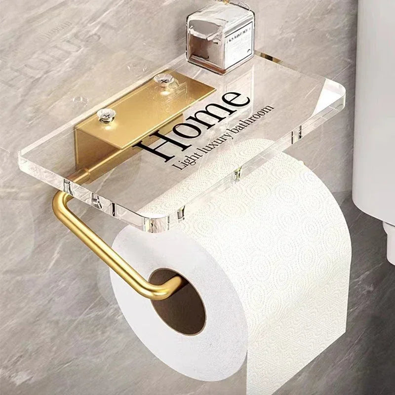 Luxury Golden Loo Roll Holder Gold Space Aluminum With Acrylic Shelf For Holding Pots & Cosmetics etc No Drilling Required
