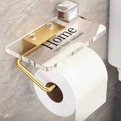 Luxury Golden Loo Roll Holder Gold Space Aluminum With Acrylic Shelf For Holding Pots & Cosmetics etc No Drilling Required