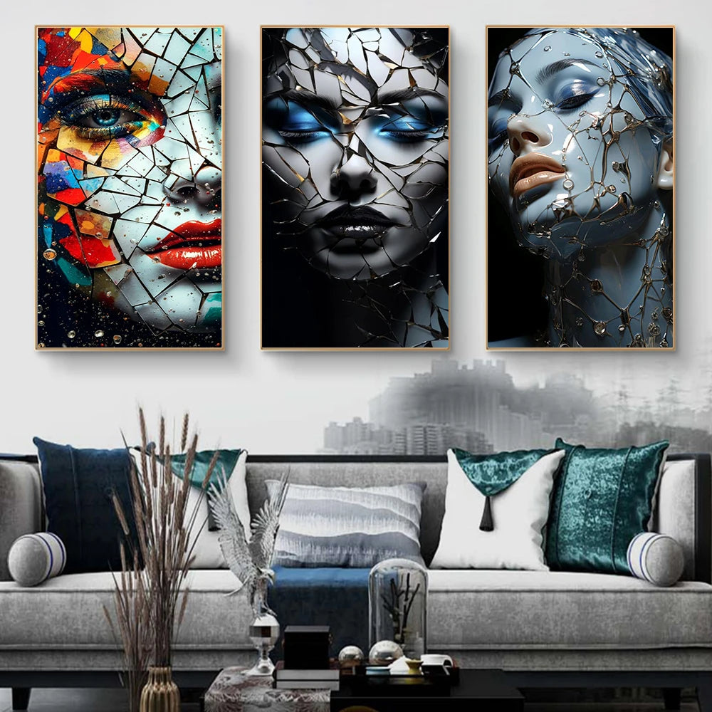 Abstract Colorful Broken Woman Face Portrait Posters: Modern Aesthetic Canvas Print Wall Art for Your Walls