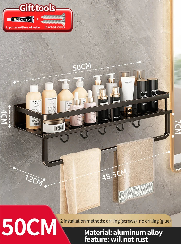 Modern Space Aluminum Bathroom Shelf 50cm Shower Racking For Cosmetics Bathroom Accessories Shelving 40cm 30cm No Drilling Required