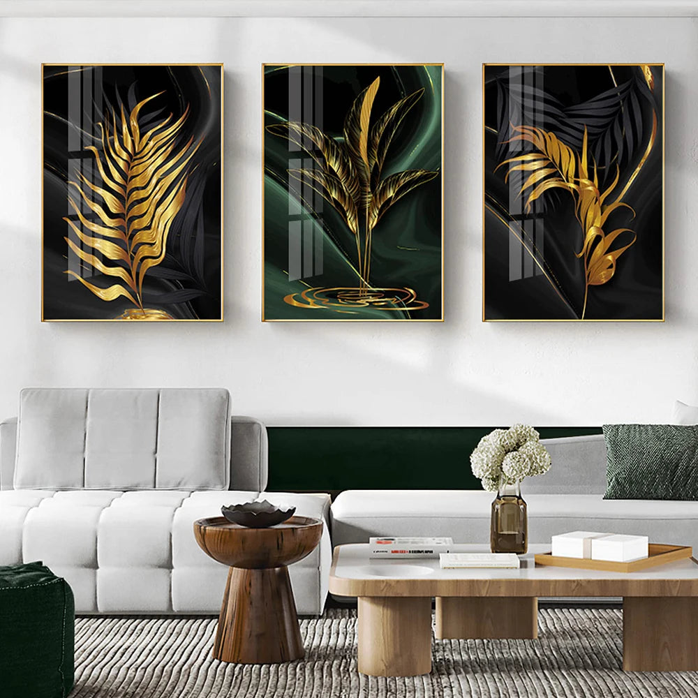 Modern Abstract Gold Green Black Leaf 3-Piece Canvas Painting: A Luxurious Tropical Accent