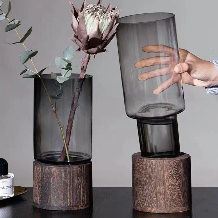 Elegant Nordic Hydroponic Plant Glass Vase with Durable Wood Base - Perfect for Home and Office Decor