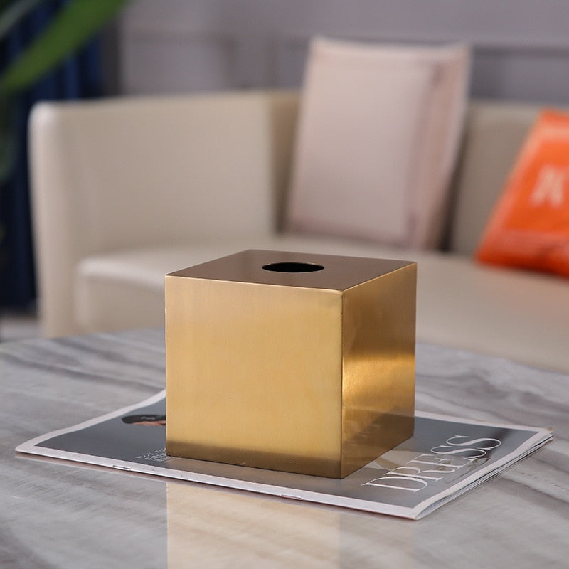Light Luxury Golden Brass Crafted Tissue Box Modern Geometric Square Housing For Tissues Napkins Etc Living Room Dining Room Decor