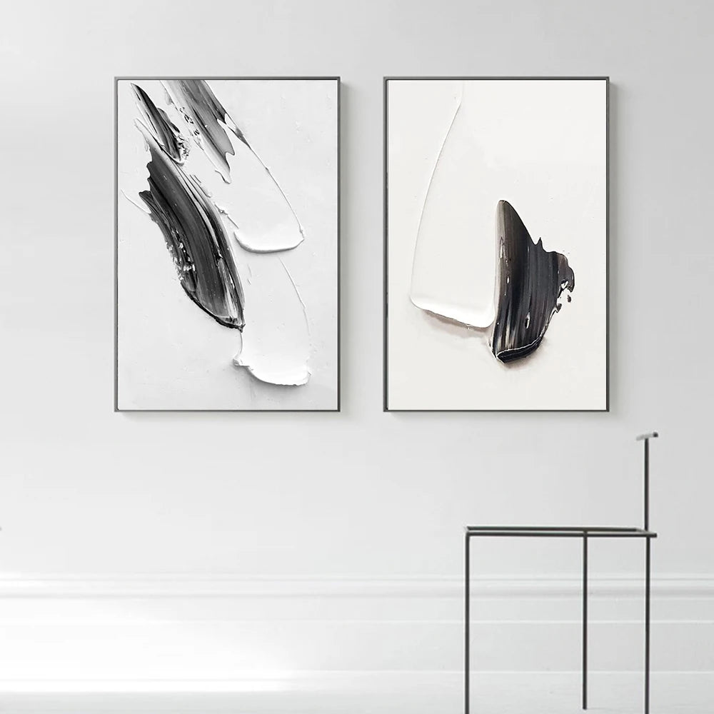 Modern Minimalist Black and White Thick Brush Design Canvas Painting: Abstract Elegance for Your Space
