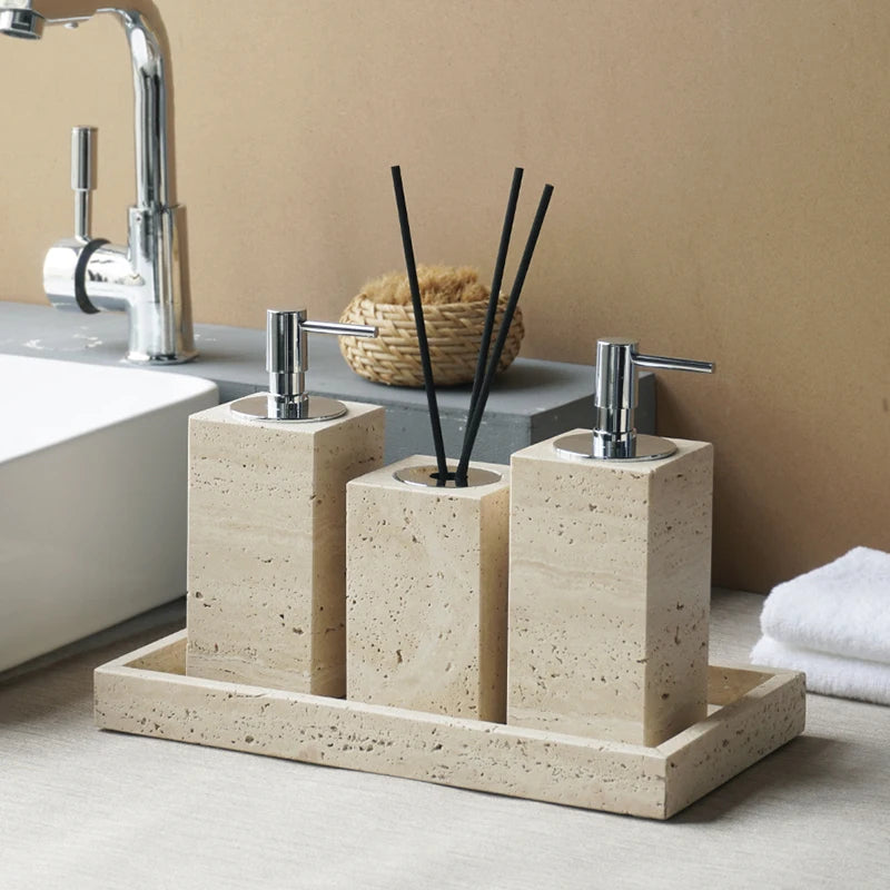 Solid Travertine Marble Bathroom Accessories – Natural Beige Stone Soap Dispenser, Tissue Box, Toilet Brush Holder, Soap Dish, Reed Diffuser & Vanity Tray