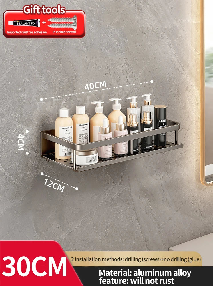 Modern Space Aluminum Bathroom Shelf 50cm Shower Racking For Cosmetics Bathroom Accessories Shelving 40cm 30cm No Drilling Required