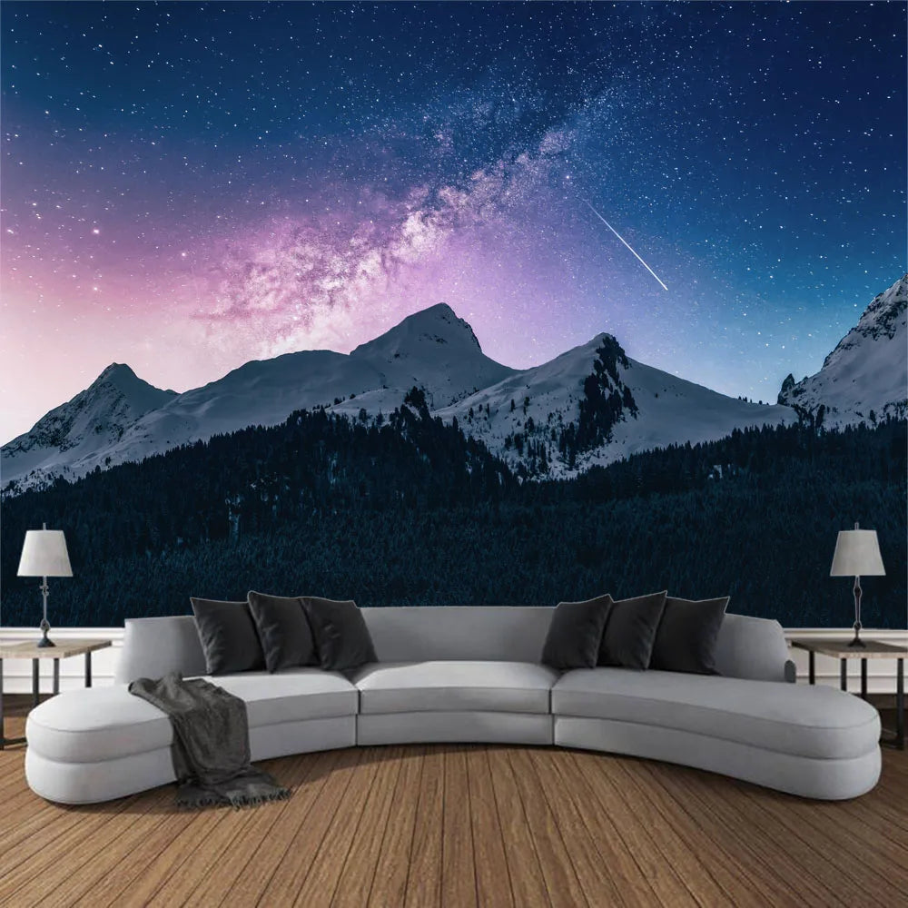 Starry Night Sky Wilderness Forest Backdrop Tapestry Wall Decoration Inspirational Mountain Forest Landscape Hanging Tapestry Creative Artistic Home Decor