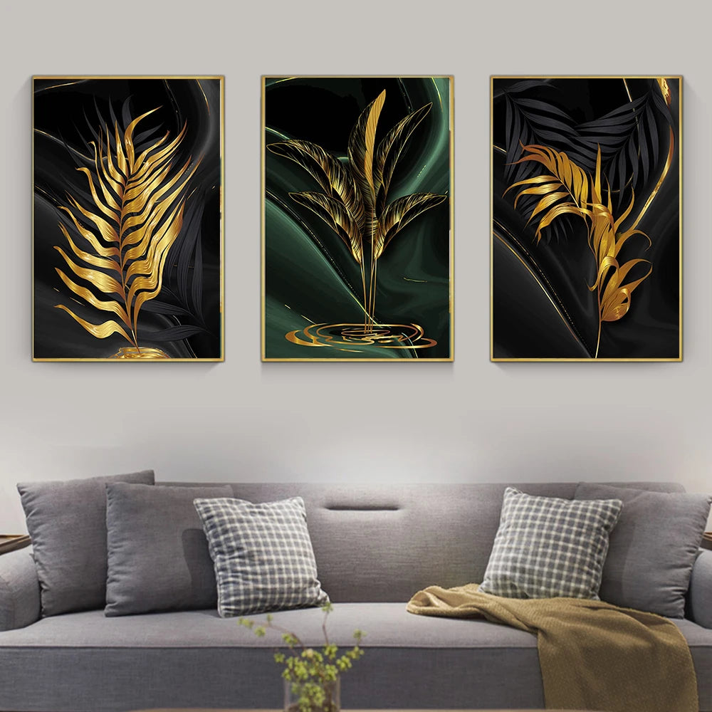 Modern Abstract Gold Green Black Leaf 3-Piece Canvas Painting: A Luxurious Tropical Accent