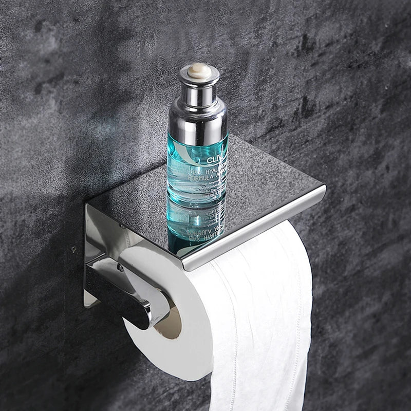 Stylish Gunmetal Aluminum Toilet Roll Holder With Integrated Shelf For iPhone Wall Mounted WC Phone Holder Shelf Towel Roll Shelf Modern Bathroom Accessories