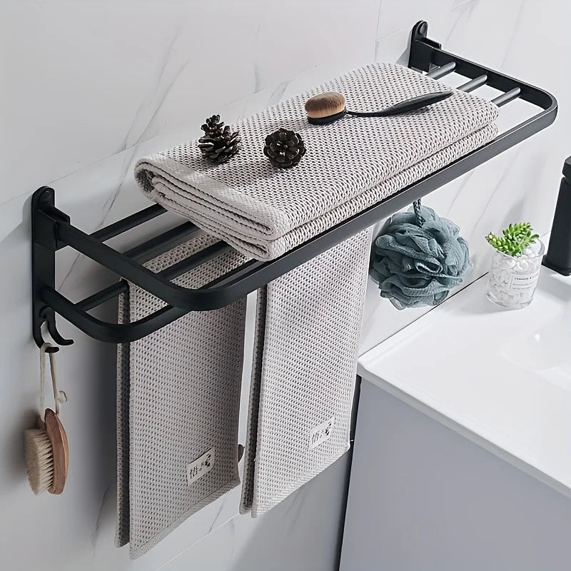 Sleek Aluminum Bathroom Shelf & Towel Rack – Wall‑Mounted Storage with Foldable Hanger for Modern, Space‑Saving Style