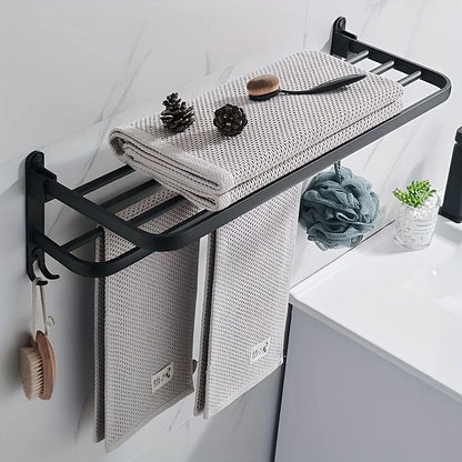 Sleek Aluminum Bathroom Shelf & Towel Rack – Wall‑Mounted Storage with Foldable Hanger for Modern, Space‑Saving Style