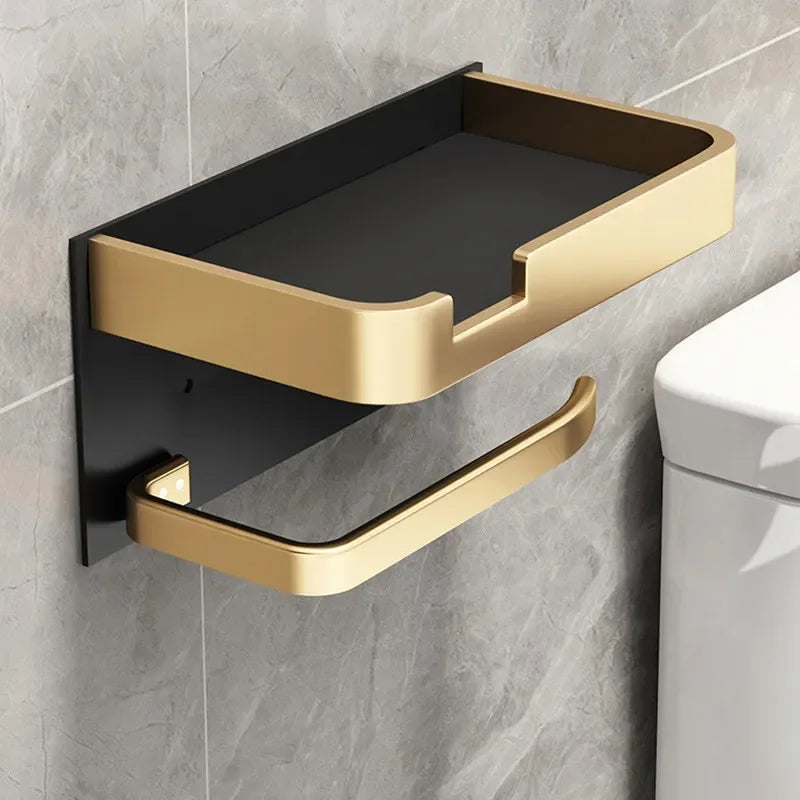 Multifunctional Black Gold Toilet Paper Holder – Wall Mount Shelf with Phone Stand & Towel Roll Storage